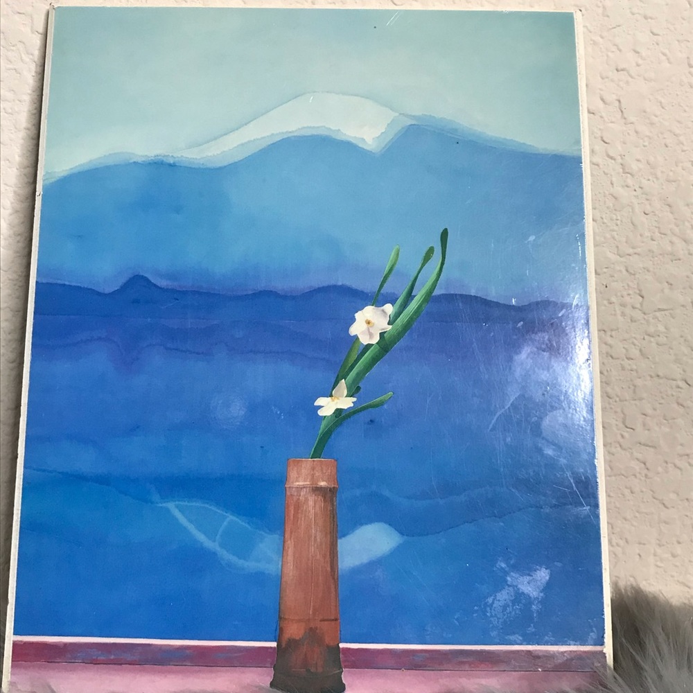 Vintage wood Mount Fuji & Flowers print